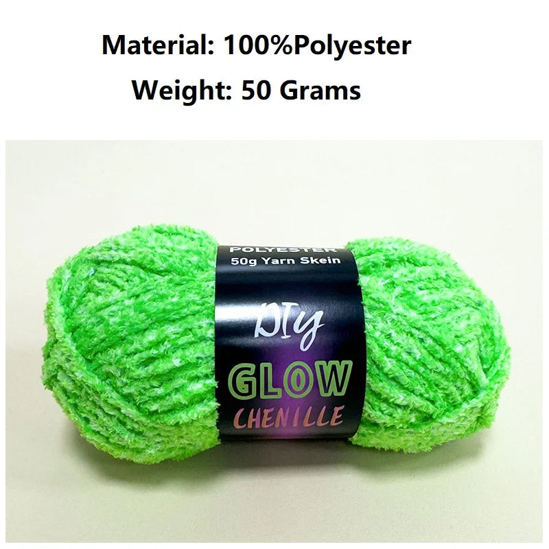 A ball of bright lime green polyester yarn labeled DIY Glow Chenille for knitting and crochet