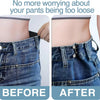 Before and after comparison of adjustable button pins used to tighten loose jeans.