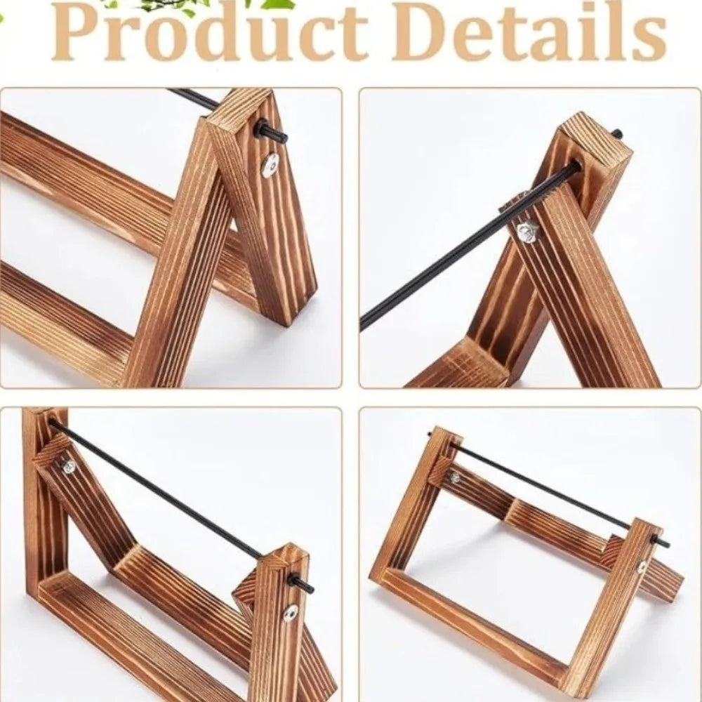Close-up views of a wooden rotating yarn storage rack used for organizing and storing yarn.