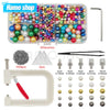 Pearl bead setting kit including a handheld machine, various beads, and metal rivets for jewelry making