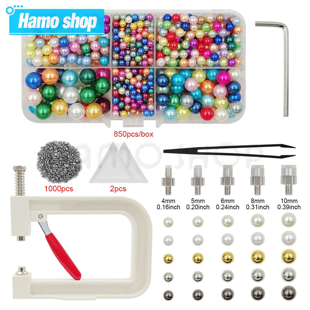 Pearl bead setting kit including a handheld machine, various beads, and metal rivets for jewelry making