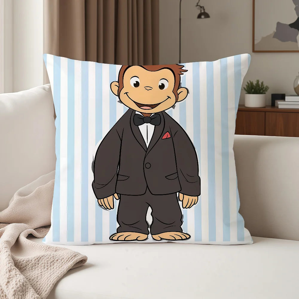 A decorative pillow cover featuring a cartoon character resembling George from C-Curious, dressed in a suit and bowtie.