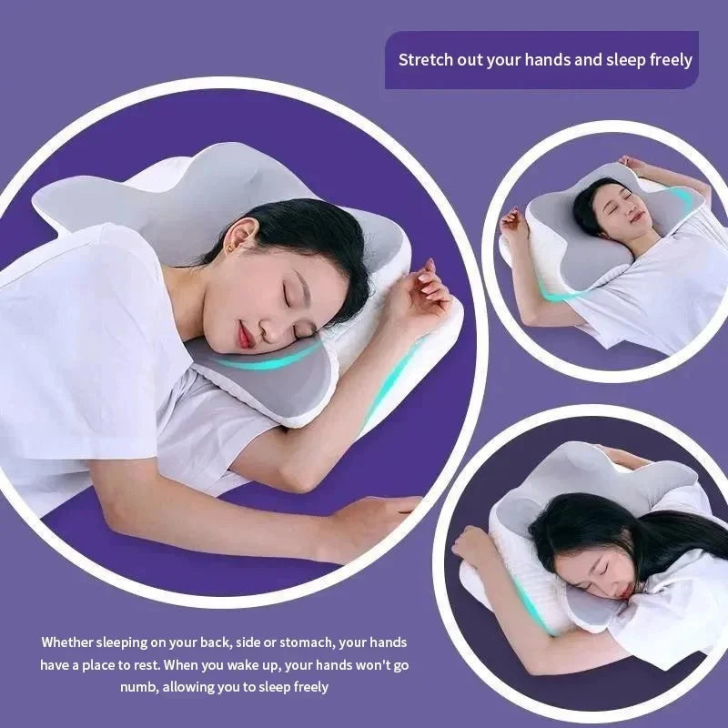 A woman is sleeping comfortably on a white memory foam pillow with neck support, stretching her hands, demonstrating easy sle
