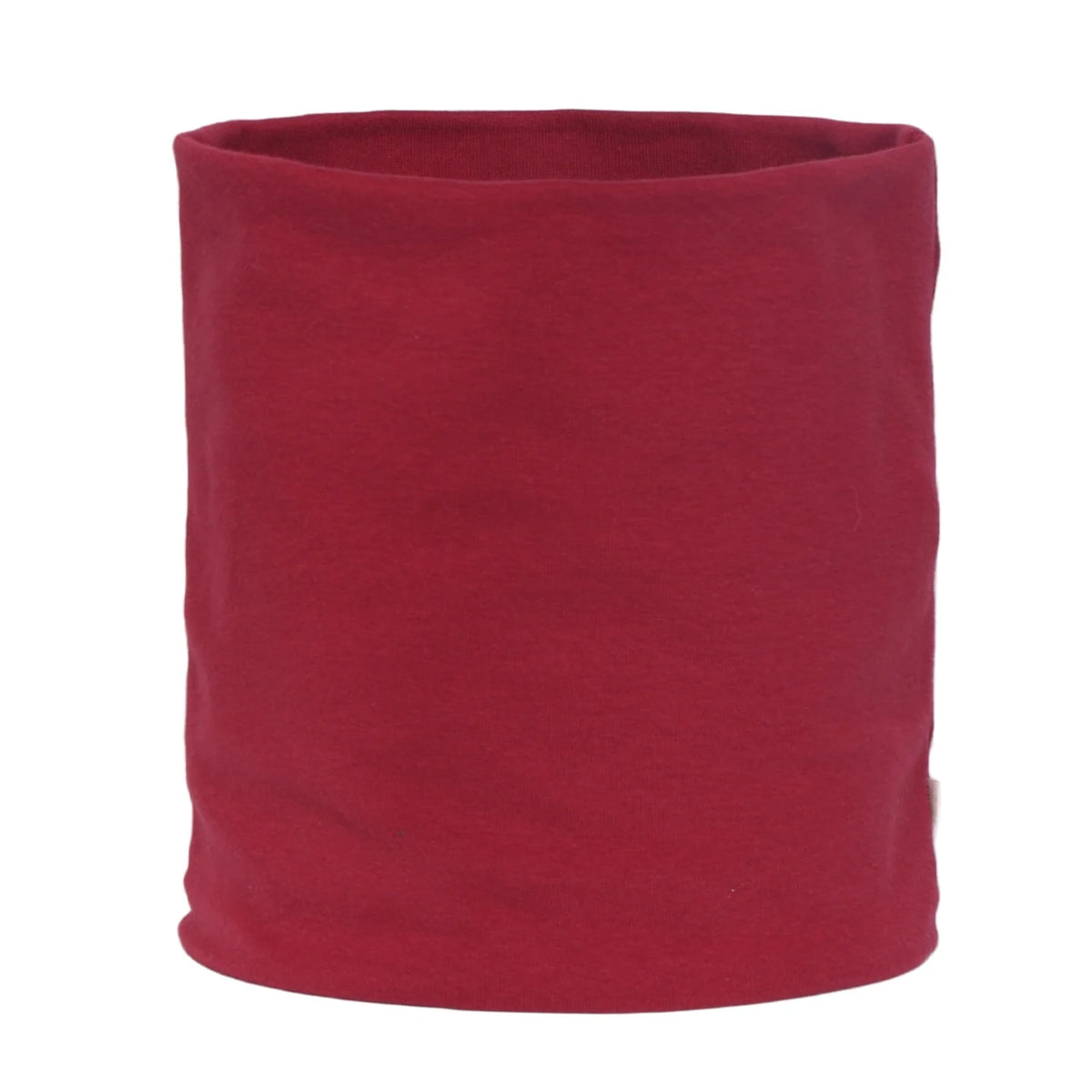 A solid maroon soft cotton warm neck scarf rolled into a cylinder.