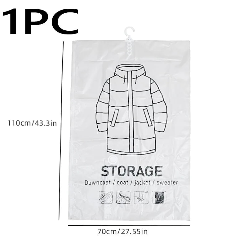A white hanging vacuum storage bag containing a winter coat or jacket.