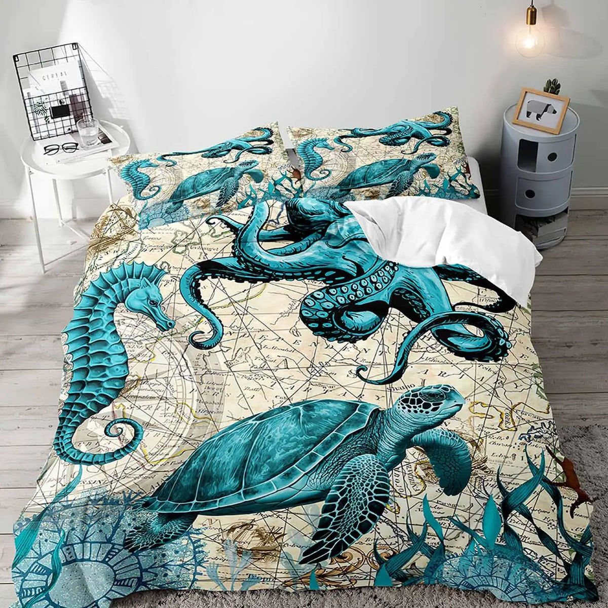 A sea turtle patterned duvet cover featuring blue and teal marine life illustrations.