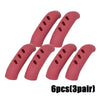 Six silicone pan handle covers in a dusty rose color, designed to protect heat resistant pot handles.