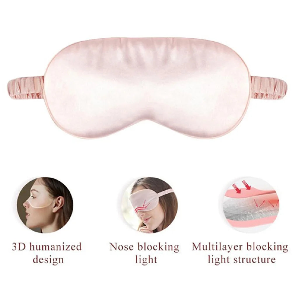 Pink silk sleep mask featuring a 3D humanized design, nose blocking light, and multilayer blocking light structure.
