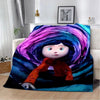 An animated print blanket featuring a stylized girl with purple and blue swirling hair against a dark background.