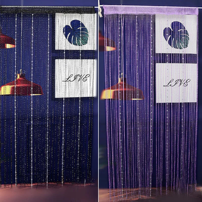 Decorative crystal beaded string curtains in dark blue and purple colors.
