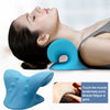 A woman is using a blue cervical massage pillow for neck and shoulder relief, with a close-up showing muscle soreness relief.