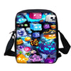 A colorful cartoon school backpack set featuring various cute and whimsical characters and items.