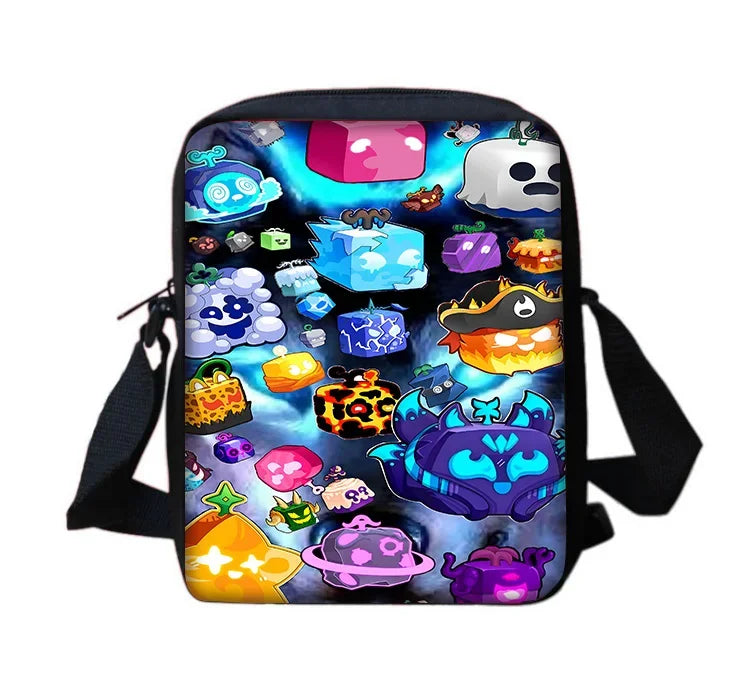 A colorful cartoon school backpack set featuring various cute and whimsical characters and items.