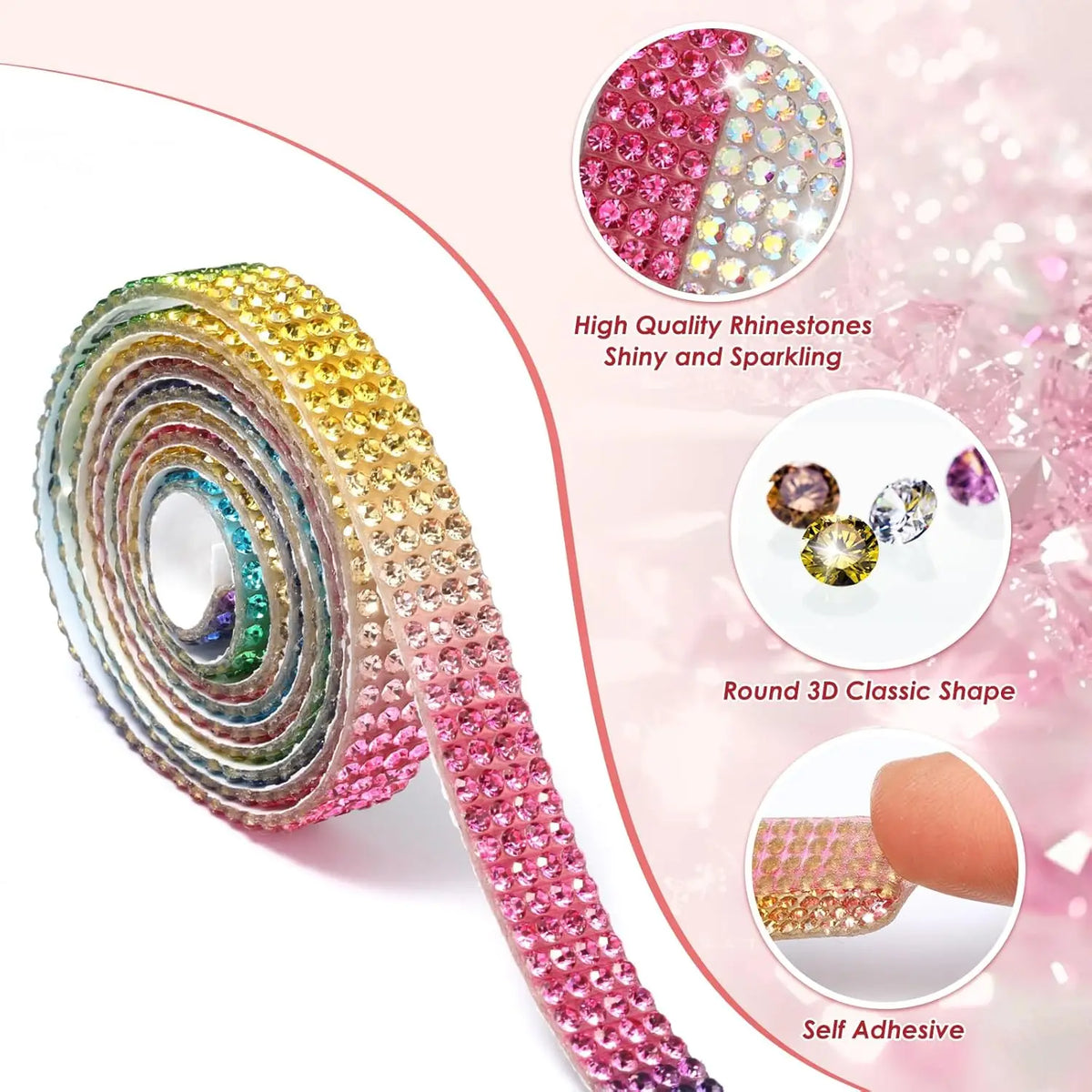 Pink crystal rhinestone ribbon showcasing various colors and a round 3D classic shape for DIY crafts