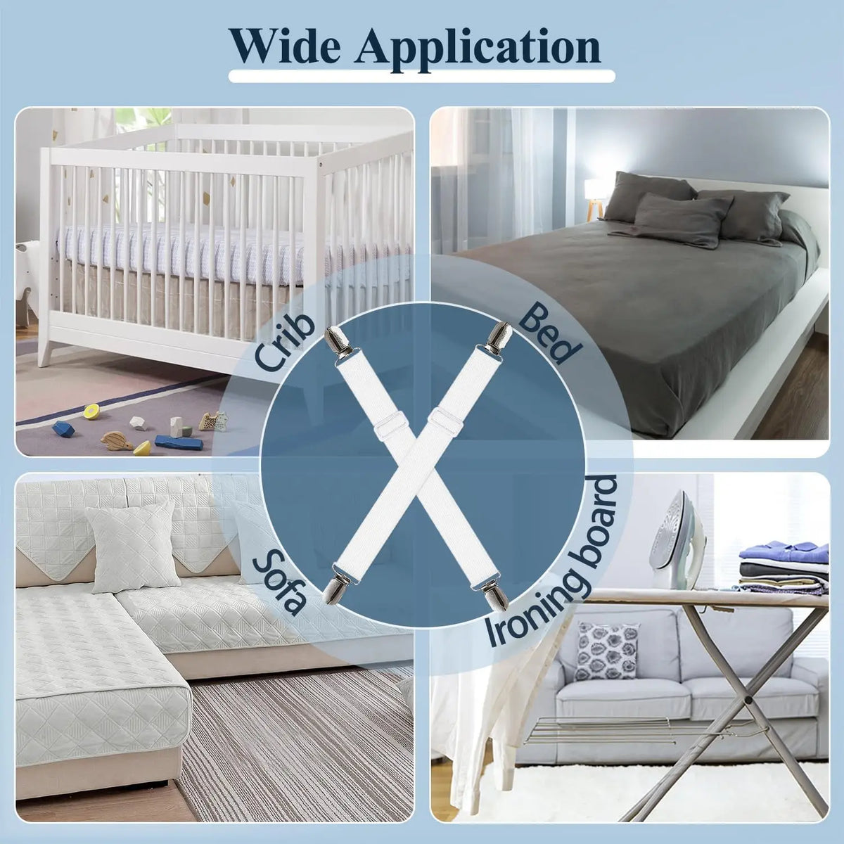 Image showing wide application of adjustable bed sheet grippers and fasteners on cribs, beds, sofas, and ironing boards.