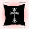 Black throw pillow cover featuring a silver gothic cross design