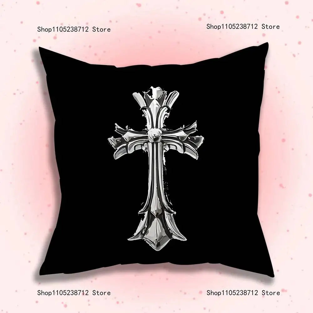 Black throw pillow cover featuring a silver gothic cross design