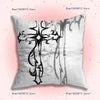 A throw pillow cover featuring a black and white double-sided gothic cyber sigil design on a white background.