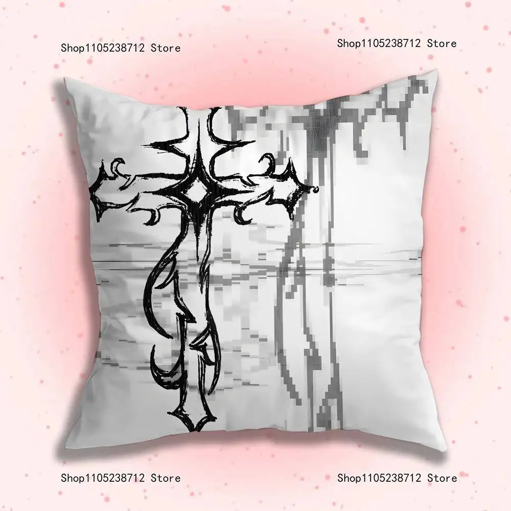 A throw pillow cover featuring a black and white double-sided gothic cyber sigil design on a white background.
