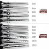 A collection of professional stainless steel tailor's shears with various sizes and tooth types shown in a row.