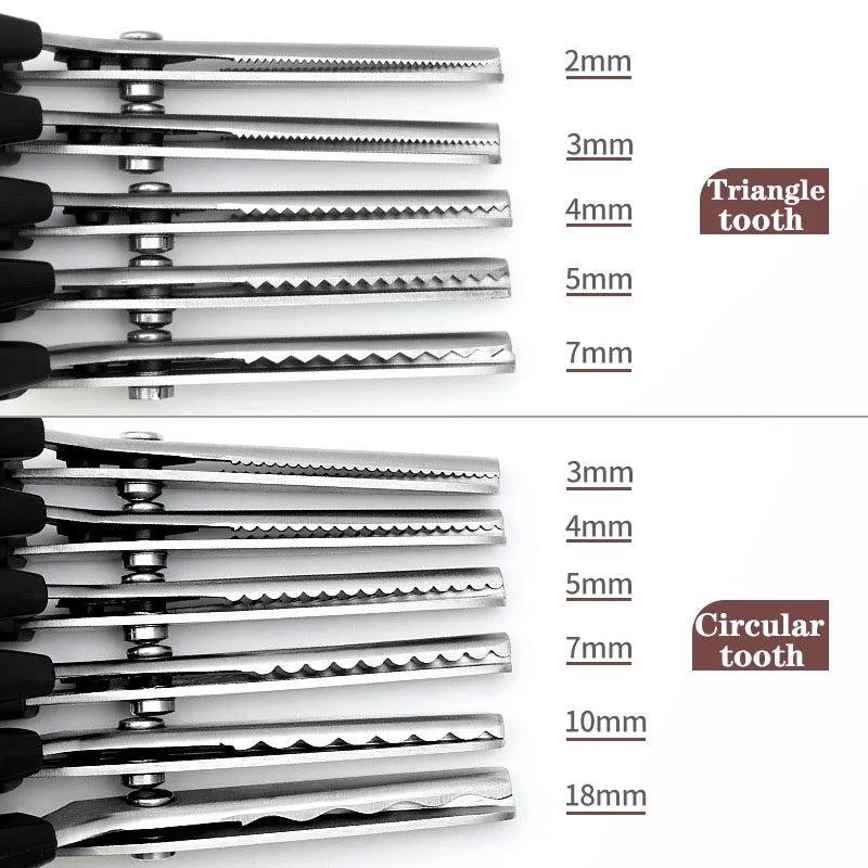 A collection of professional stainless steel tailor's shears with various sizes and tooth types shown in a row.