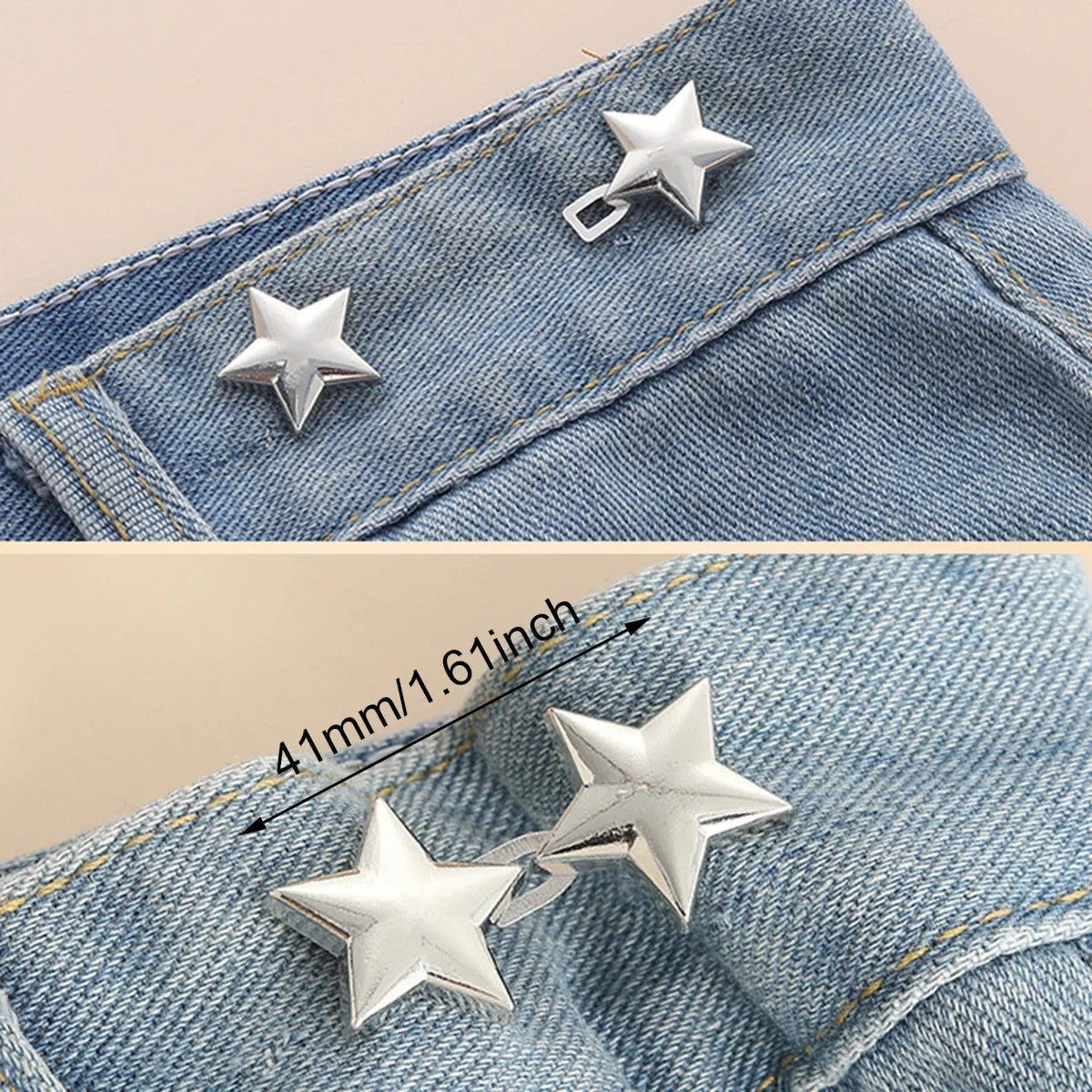 Silver star-shaped adjustable button clips attached to a denim fabric