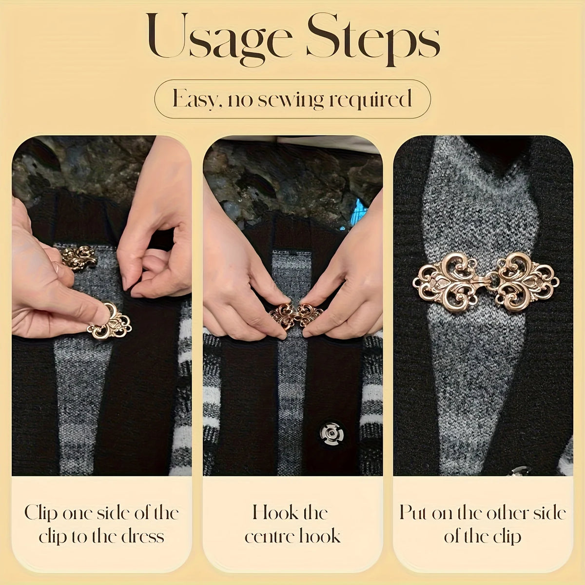 Usage steps showing how to clip a vintage zinc alloy sweater clips set onto a dress.