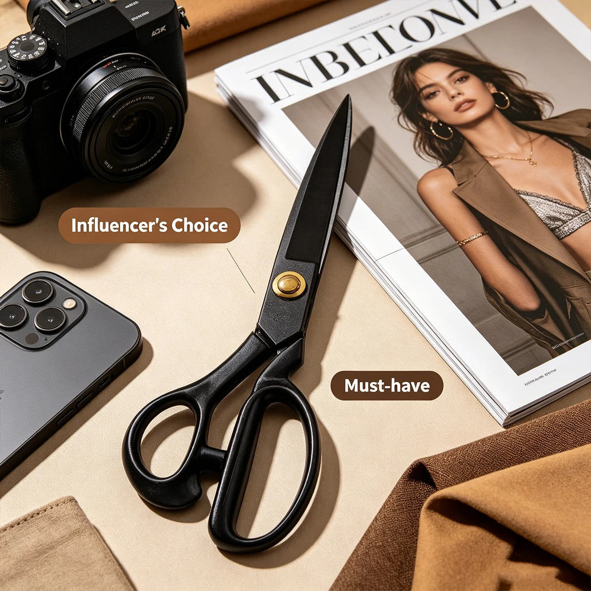 A pair of black professional high carbon steel tailor's shears resting on a beige surface next to a camera and magazine.