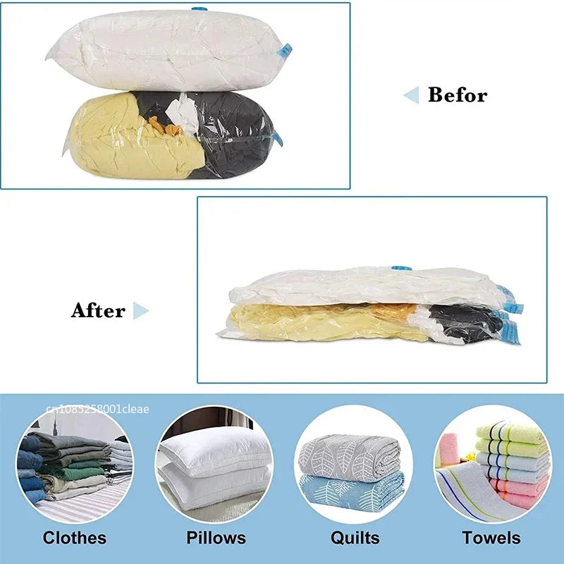 Storage bags showing before and after of vacuum compression for clothes, pillows, quilts, and towels