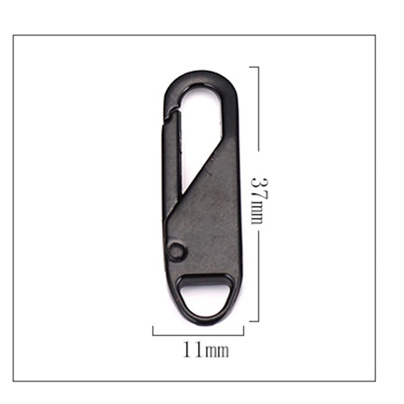 A black zipper pull replacement set with a rectangular body and a circular loop, shown with dimensions.