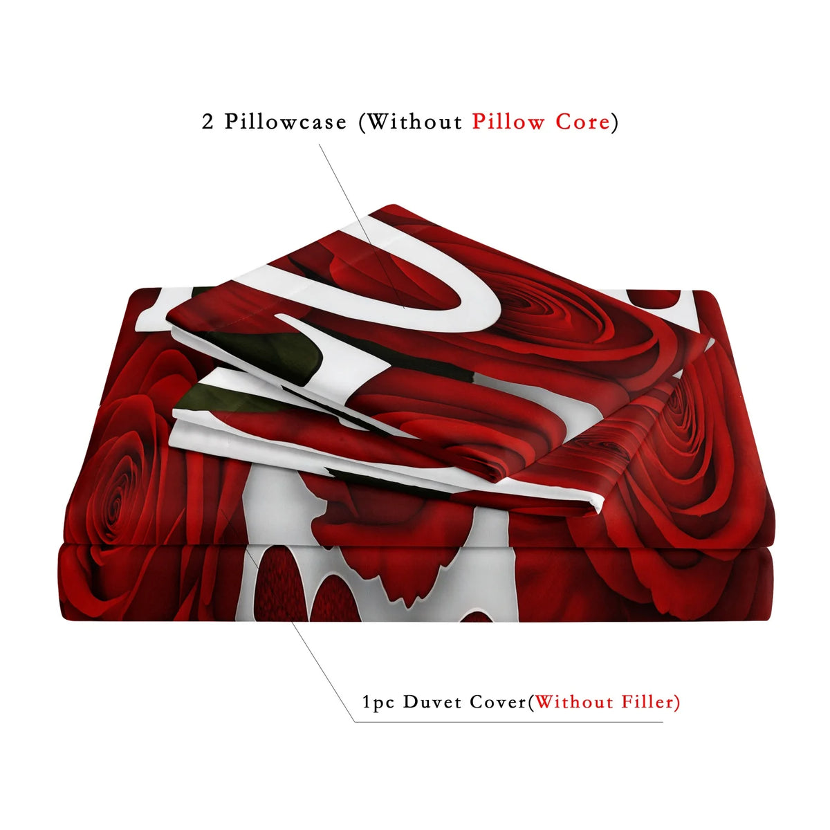 A stack of romantic red rose floral bedding sets, including two pillowcases and one duvet cover.