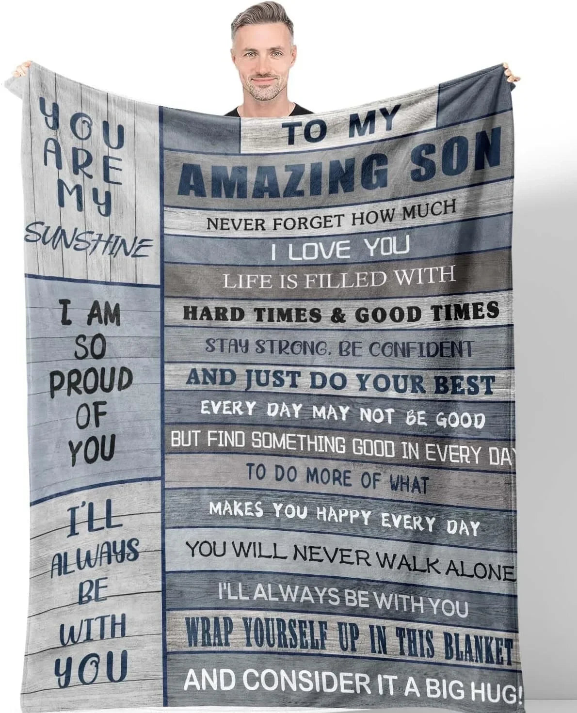 A gray knit blanket featuring inspirational text about love and support for a son