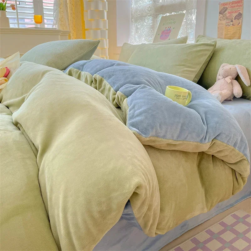 A cozy milk velvet duvet cover set featuring soft olive green and blue tones.
