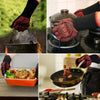Close-up shots of hands wearing heat resistant BBQ gloves cooking food on a grill and in a pan.