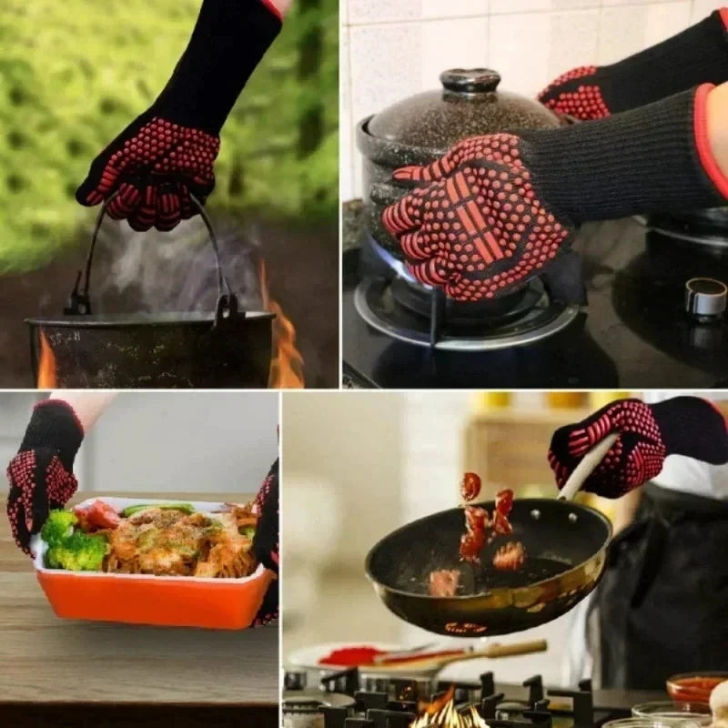 Close-up shots of hands wearing heat resistant BBQ gloves cooking food on a grill and in a pan.