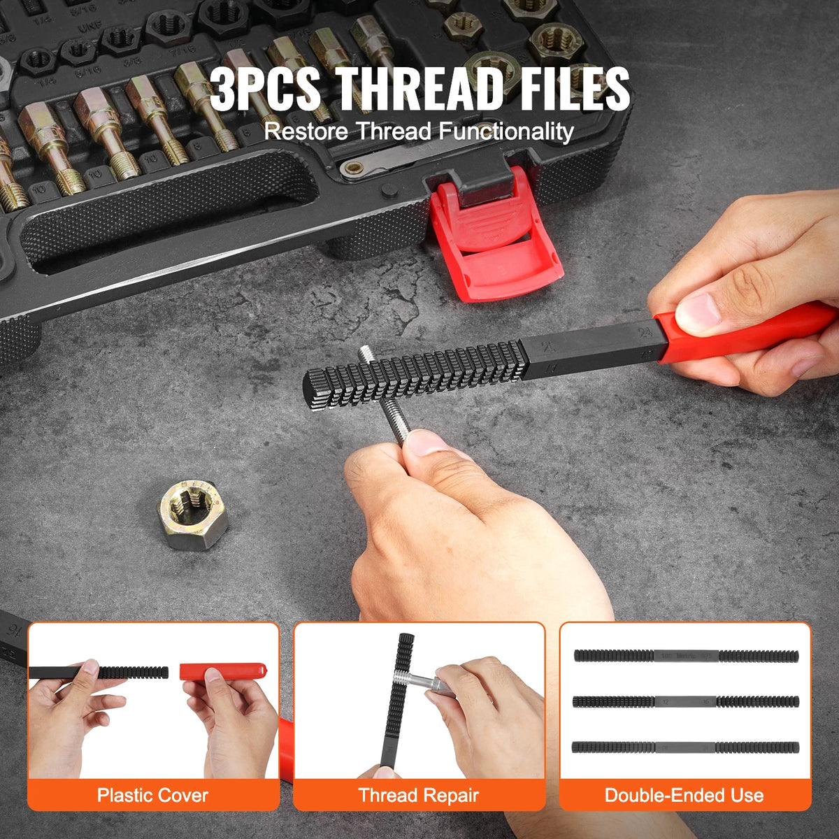 A hand uses a tool to repair threads on a black machinery part, showing the thread repair process and double-ended use.
