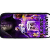 A black multi-compartment backpack set featuring a purple and gold design with a basketball player.