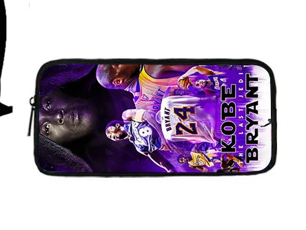 A black multi-compartment backpack set featuring a purple and gold design with a basketball player.