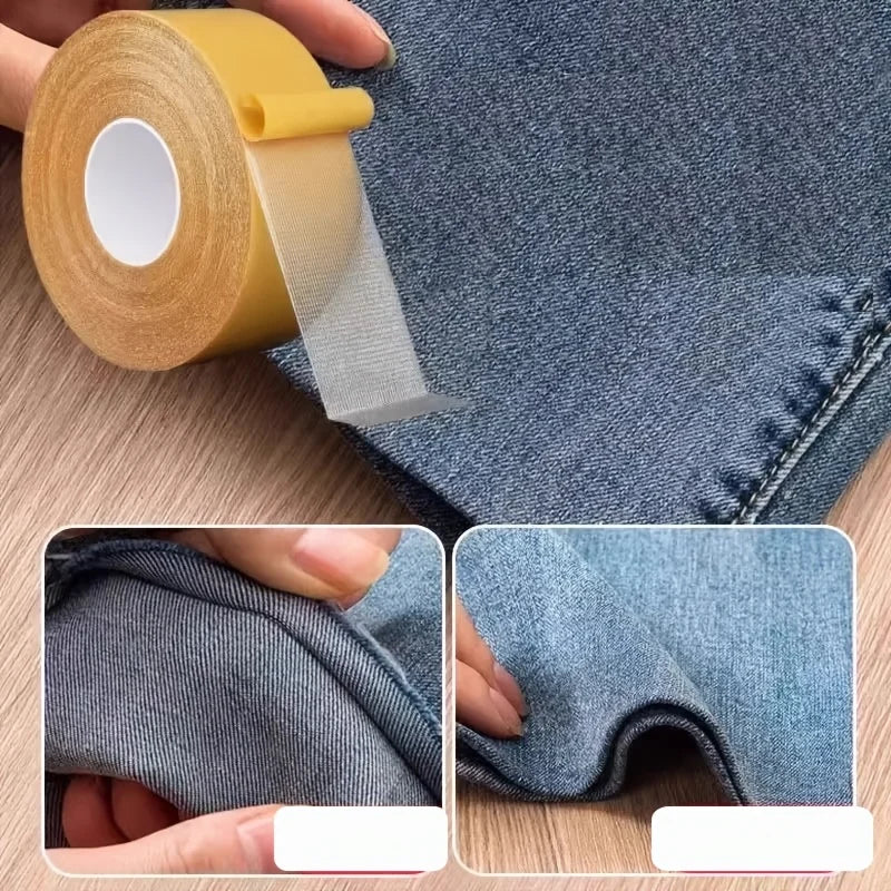 A roll of yellow no-sew hem tape is shown next to a piece of denim fabric, demonstrating its use for quick folds and repairs.