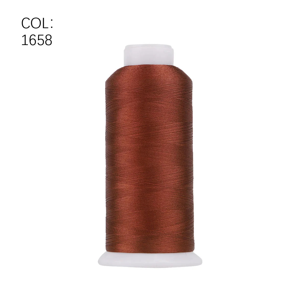 A roll of brown polyester embroidery thread with a white core and cap.