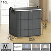 A gray foldable storage bag with a lid is shown next to various clothing items for suggestion.