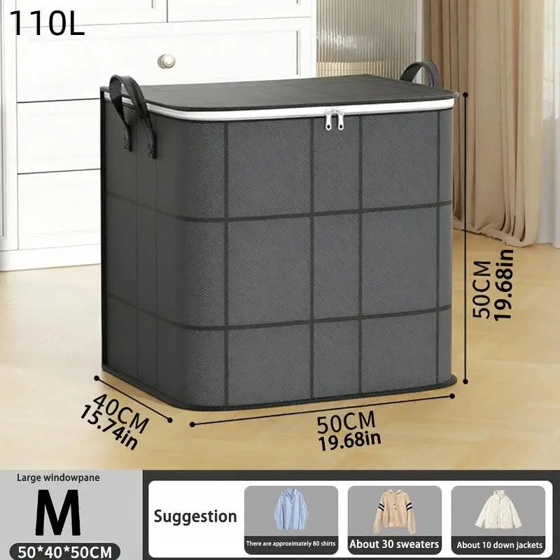 A gray foldable storage bag with a lid is shown next to various clothing items for suggestion.