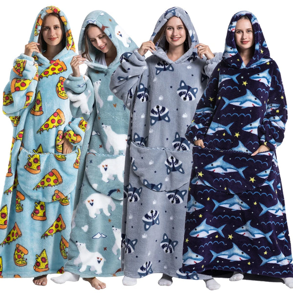 Four women modeling a blue and gray sherpa fleece oversized blanket hoodie with a hood