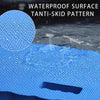 Close-up of a blue waterproof anti-skid mat with a textured pattern placed on a hard floor.