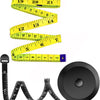 A set of two yellow flexible body measuring tapes and a black rolling tape measure are displayed.