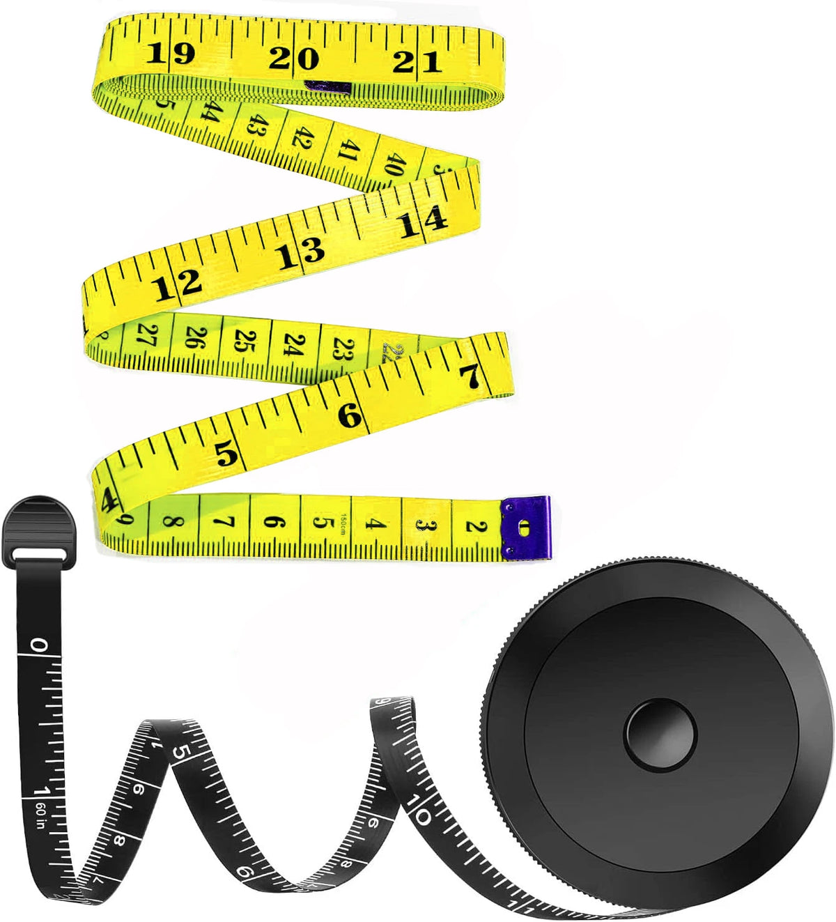 A set of two yellow flexible body measuring tapes and a black rolling tape measure are displayed.