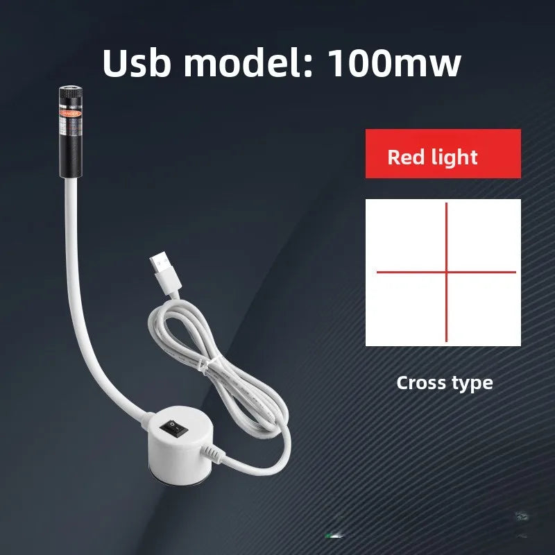 A white USB model 100mW red light cross type laser positioning device with a cable.