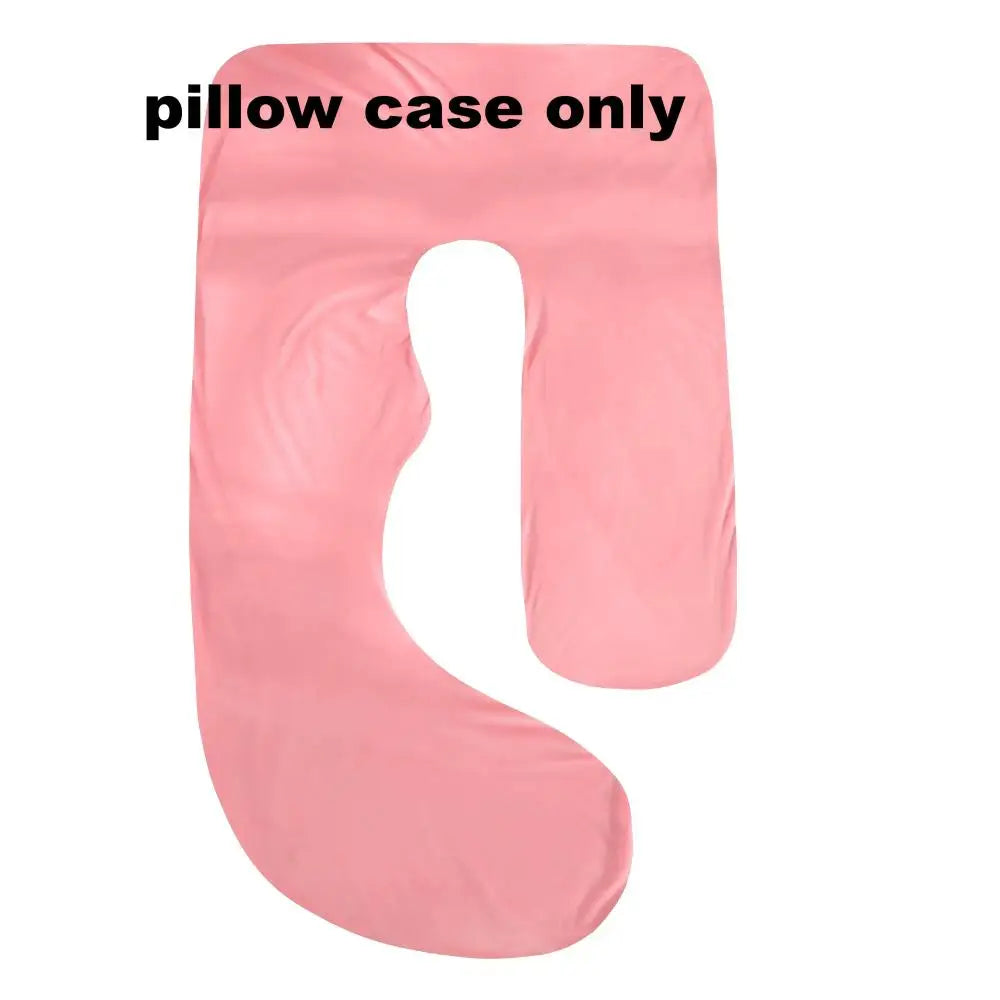 A pink ergonomic J-shaped maternity pillow case only.