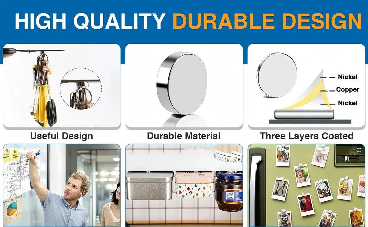 A set of versatile magnetic fridge magnets in various shapes and colors used for organization.