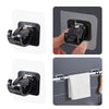Black no drill adhesive curtain rod brackets shown in various installation contexts.
